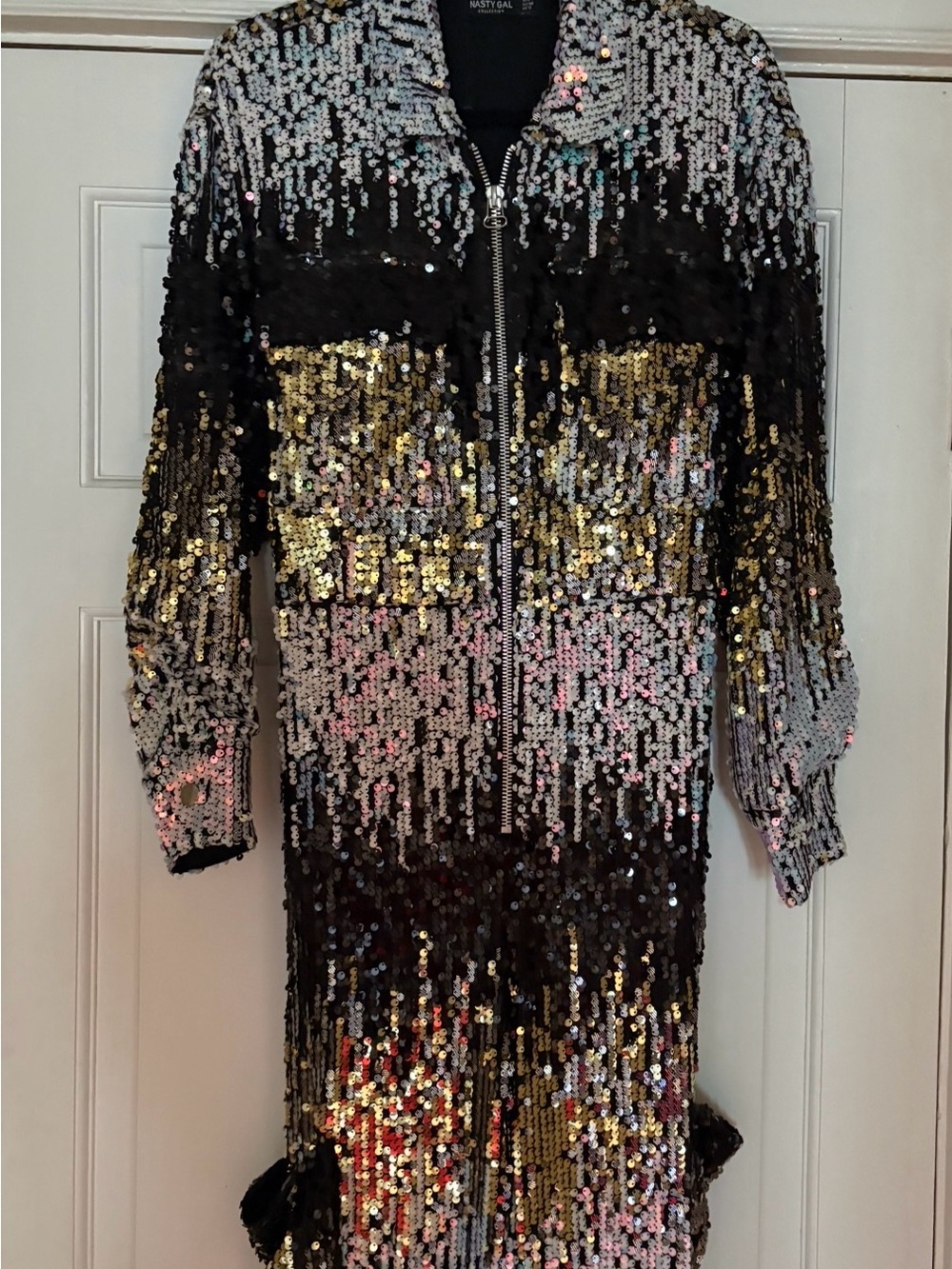 Nasty Gal Black, Gold & Silver Sequin Zip-Front Long Sleeve Dress